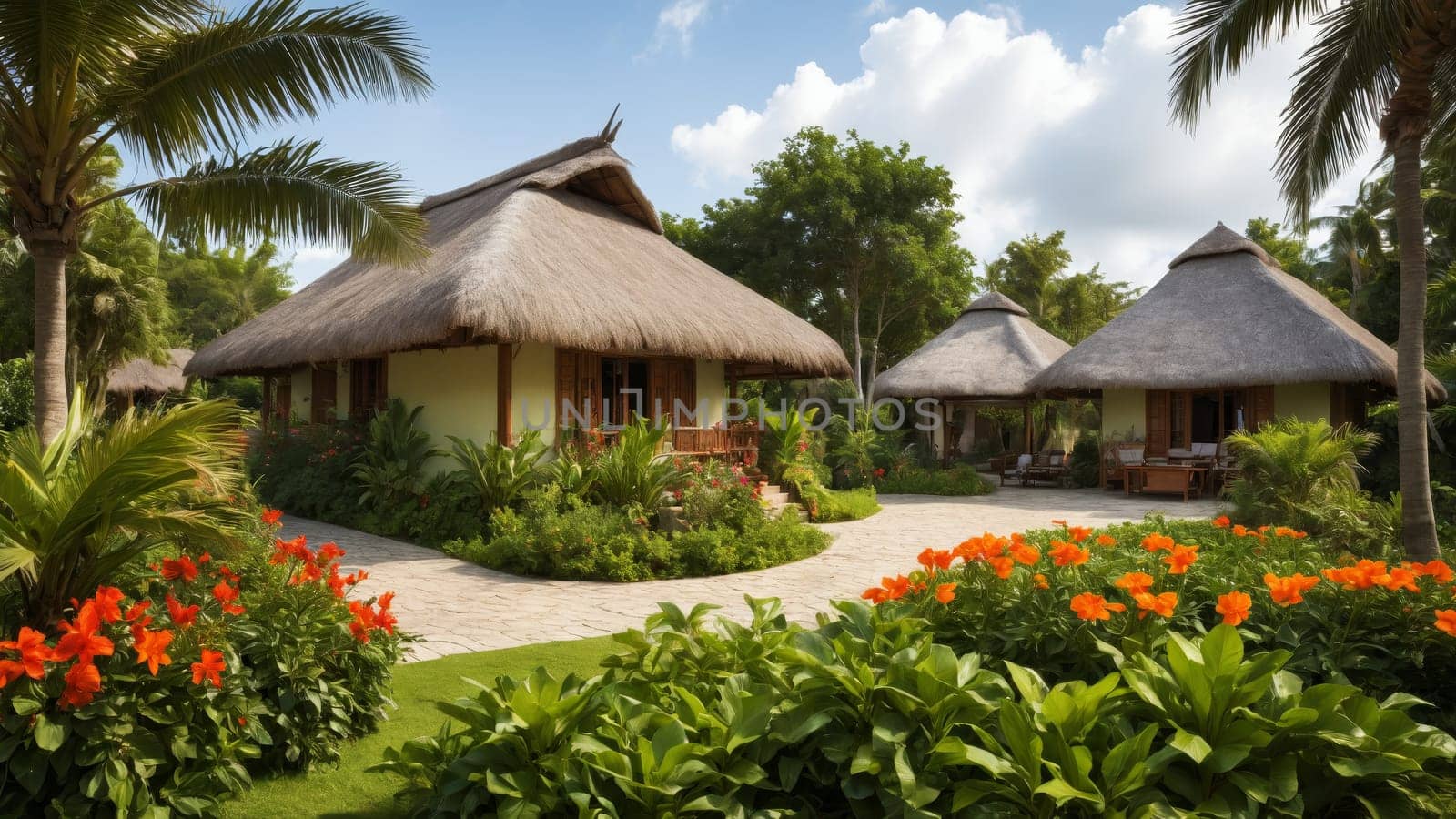 Nestled in lush greenery, quaint thatched-roof bungalows invite relaxation, framed by colorful flowers and palm trees under a sunny sky. A perfect getaway in paradise awaits.