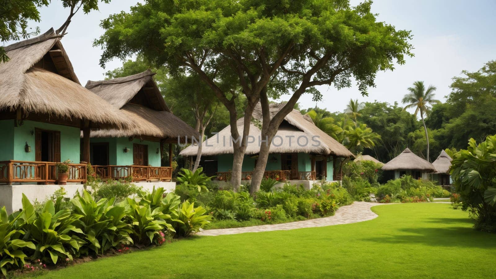 Nestled in lush greenery, quaint thatched-roof bungalows invite relaxation, framed by colorful flowers and palm trees under a sunny sky. A perfect getaway in paradise awaits.