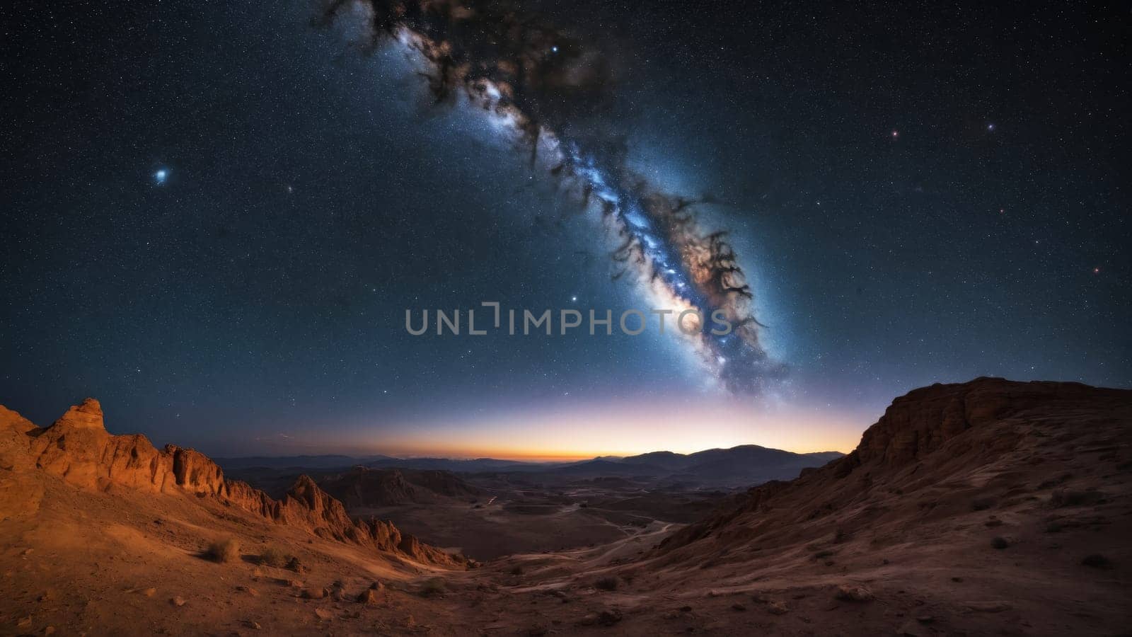 A stunning display of the Milky Way arcs over a tranquil desert as the sun begins to rise, casting warm colors across the horizon while silhouetting distant mountains and a winding river.
