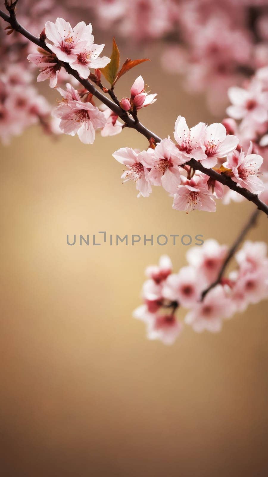 A branch adorned with soft pink cherry blossoms stretches towards the light, exuding serenity in the warm glow of spring's arrival, showcasing nature's exquisite beauty and renewal.