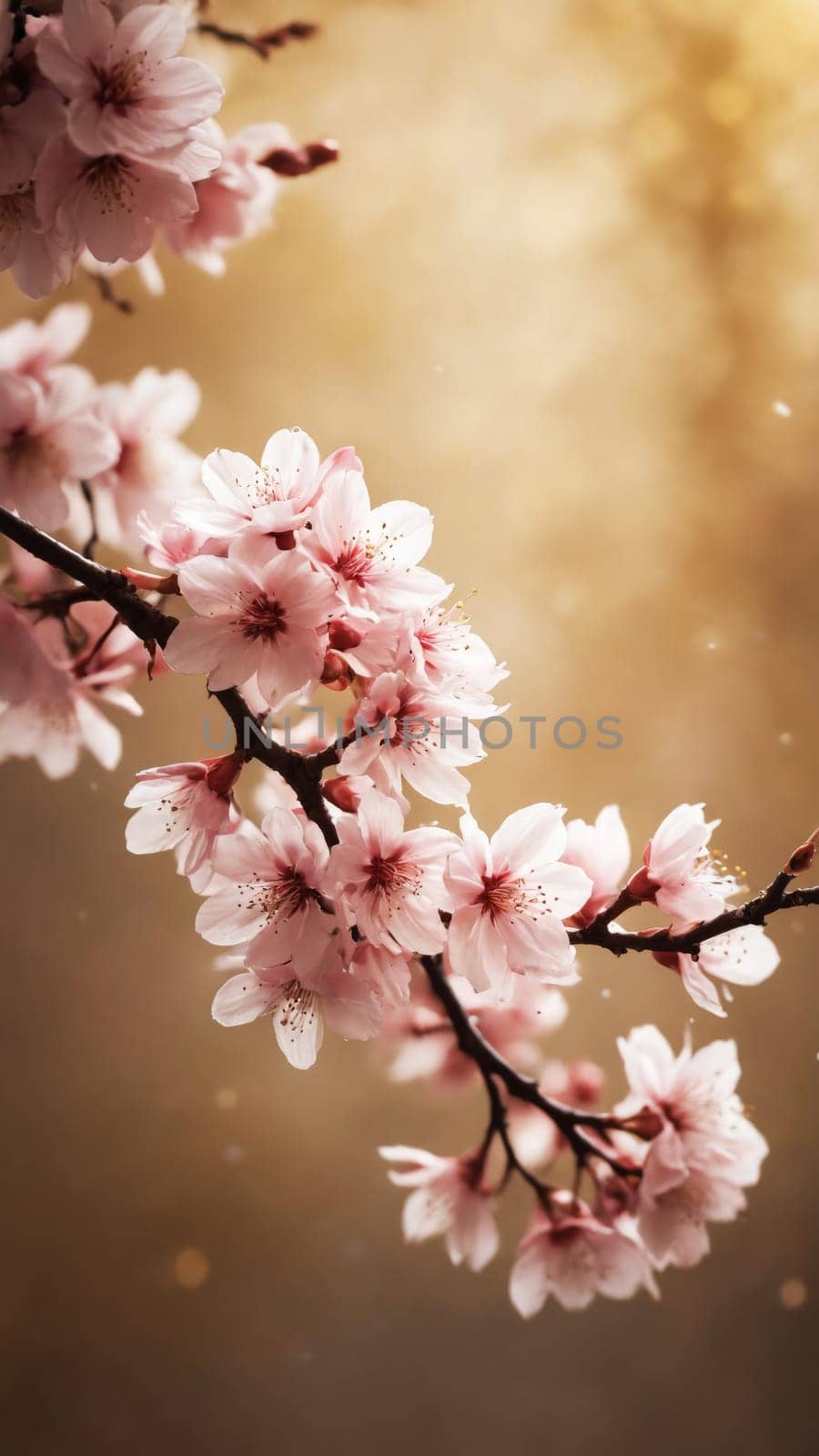 Soft pink cherry blossoms cascade gracefully from their branches, illuminated by warm golden light, creating a serene atmosphere filled with nature's charm and tranquility.