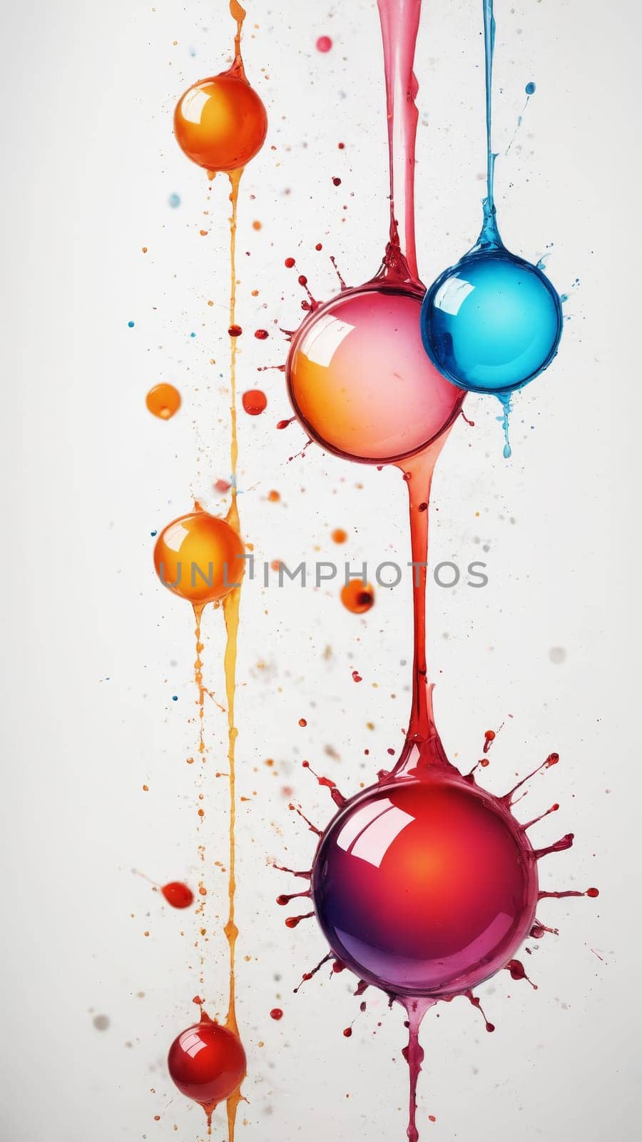 A lively arrangement of colorful spheres in shades of blue, red, orange, and purple splashes joyfully across a white canvas, creating a cheerful and energetic atmosphere.