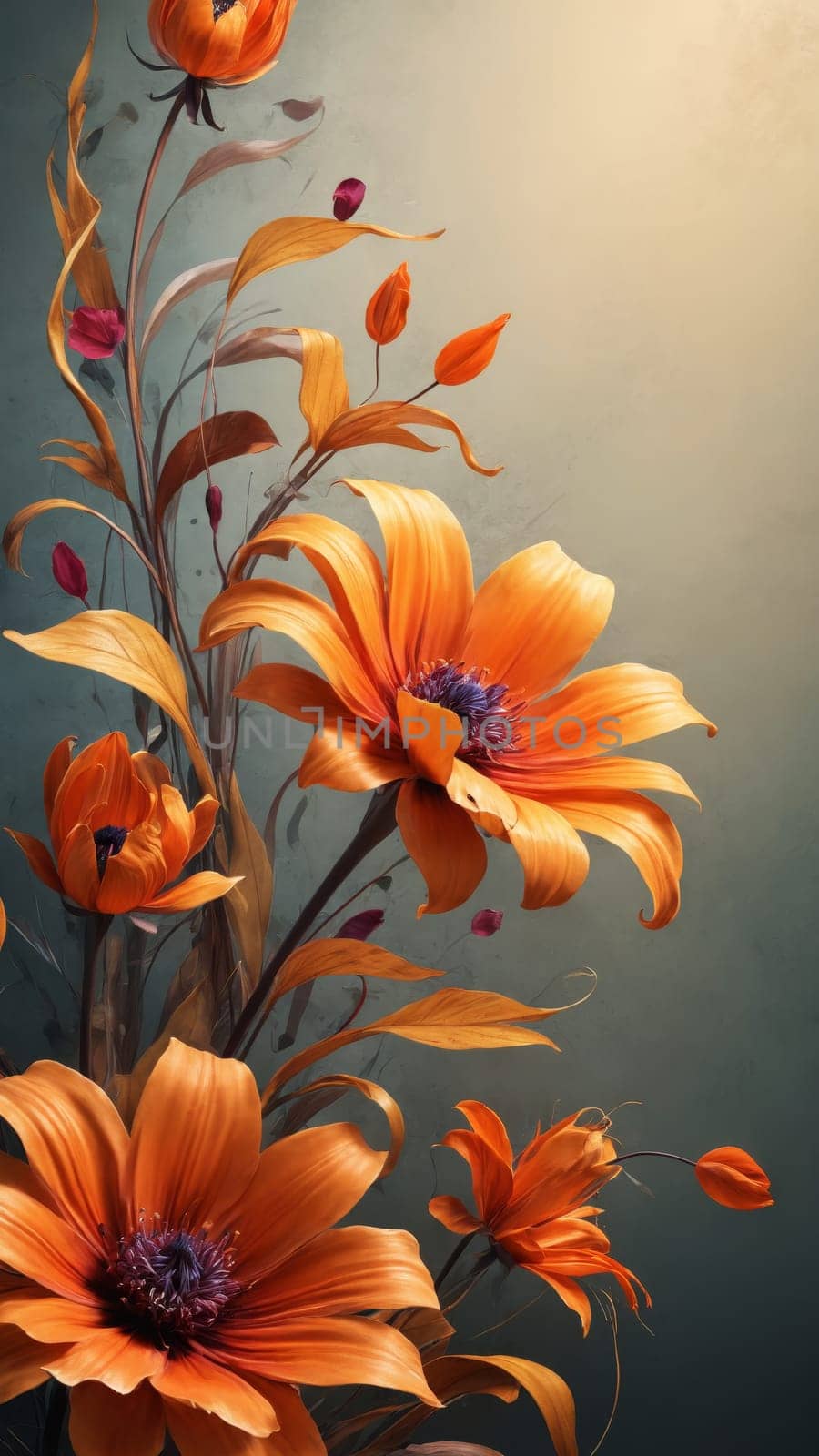 A stunning arrangement of bright orange flowers displays their vibrant petals, surrounded by lush green leaves. The warm backdrop enhances their beauty, creating a serene and inviting atmosphere.