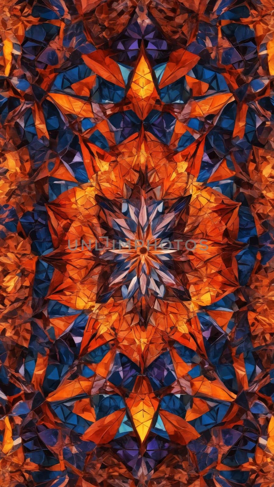 A striking arrangement of warm hues and deep blues entwines to form a captivating abstract pattern, reflecting the beauty of nature's colors. This artwork invites exploration of its intricate details.
