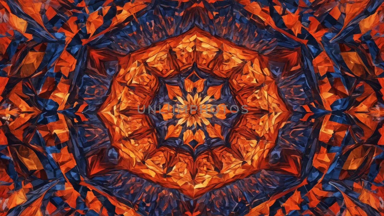 An explosion of swirling colors and shapes forms a captivating abstract design. Fiery reds, oranges, and deep blues blend harmoniously, creating a mesmerizing visual experience.