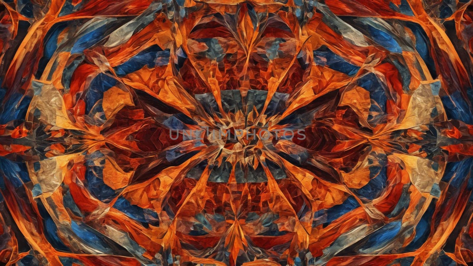 An explosion of swirling colors and shapes forms a captivating abstract design. Fiery reds, oranges, and deep blues blend harmoniously, creating a mesmerizing visual experience.