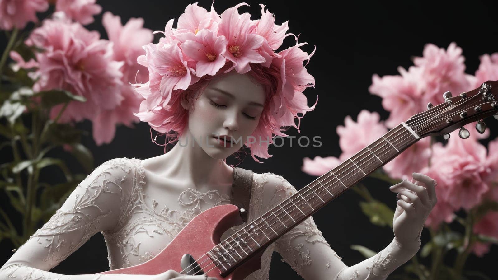 Bathed in soft light, a serene musician adorned with a crown of pink flowers passionately plays a guitar, the moment encapsulating artistry and tranquility in a darkened atmosphere.