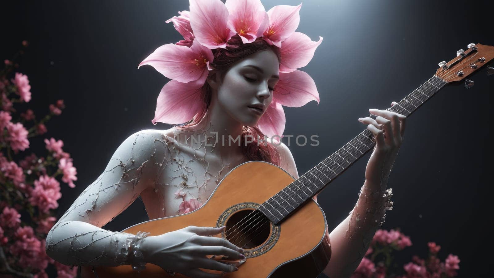 In a tranquil indoor setting, a young woman with pink hair strums her guitar, surrounded by delicate flowers. Her serene expression reflects deep focus and artistic passion.