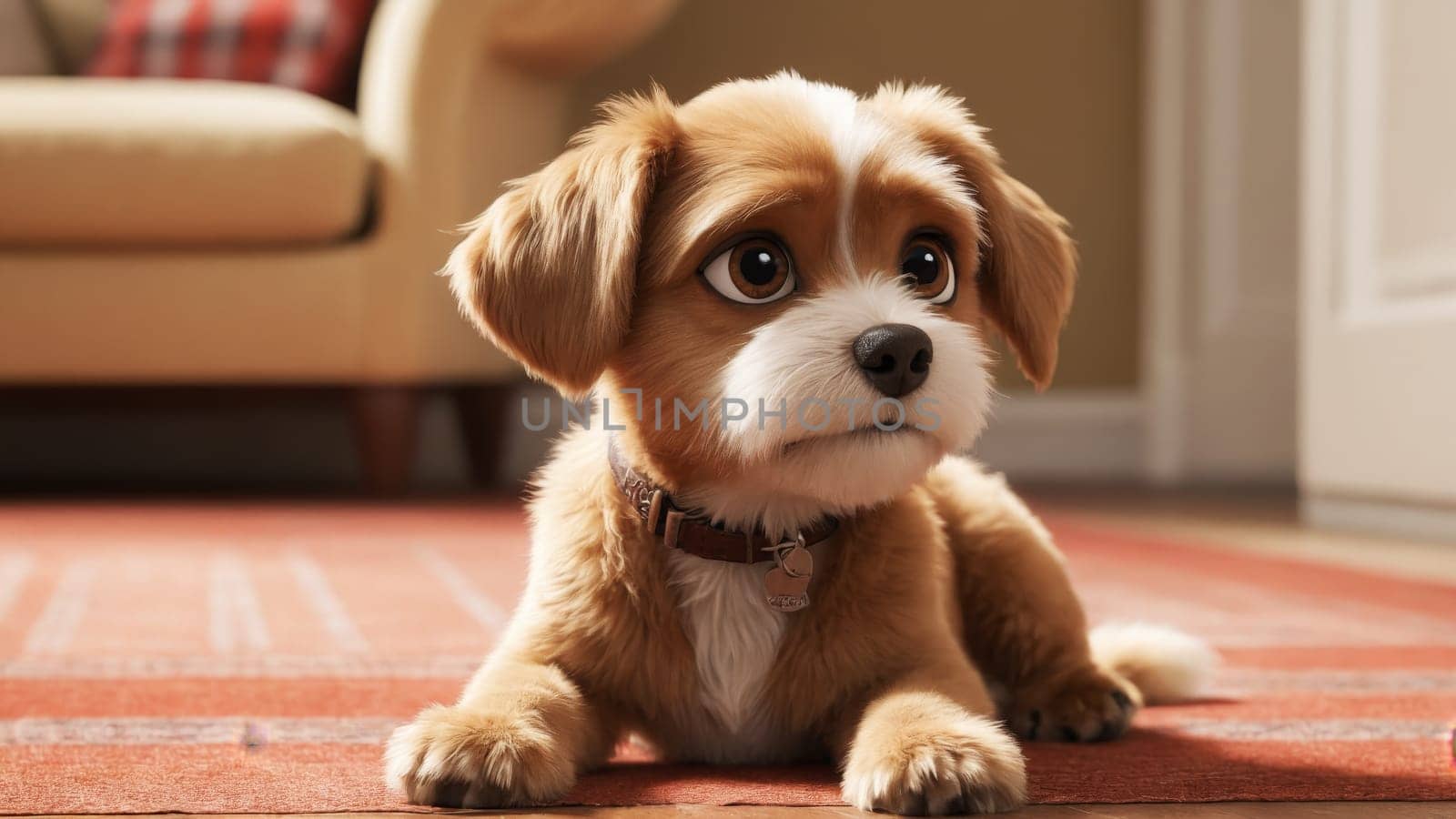 A fluffy, light brown puppy lies comfortably on a vibrant rug, gazing curiously with big expressive eyes, while a warm glow fills the inviting living room space.