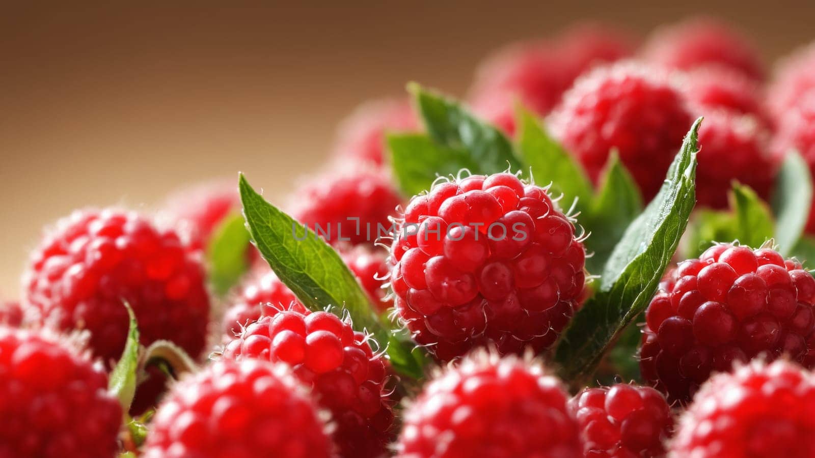 Juicy red raspberries are clustered together, glistening under the gentle sunlight. Their vibrant color and fresh appearance suggest a perfect harvest, ideal for sweet treats or smoothies.