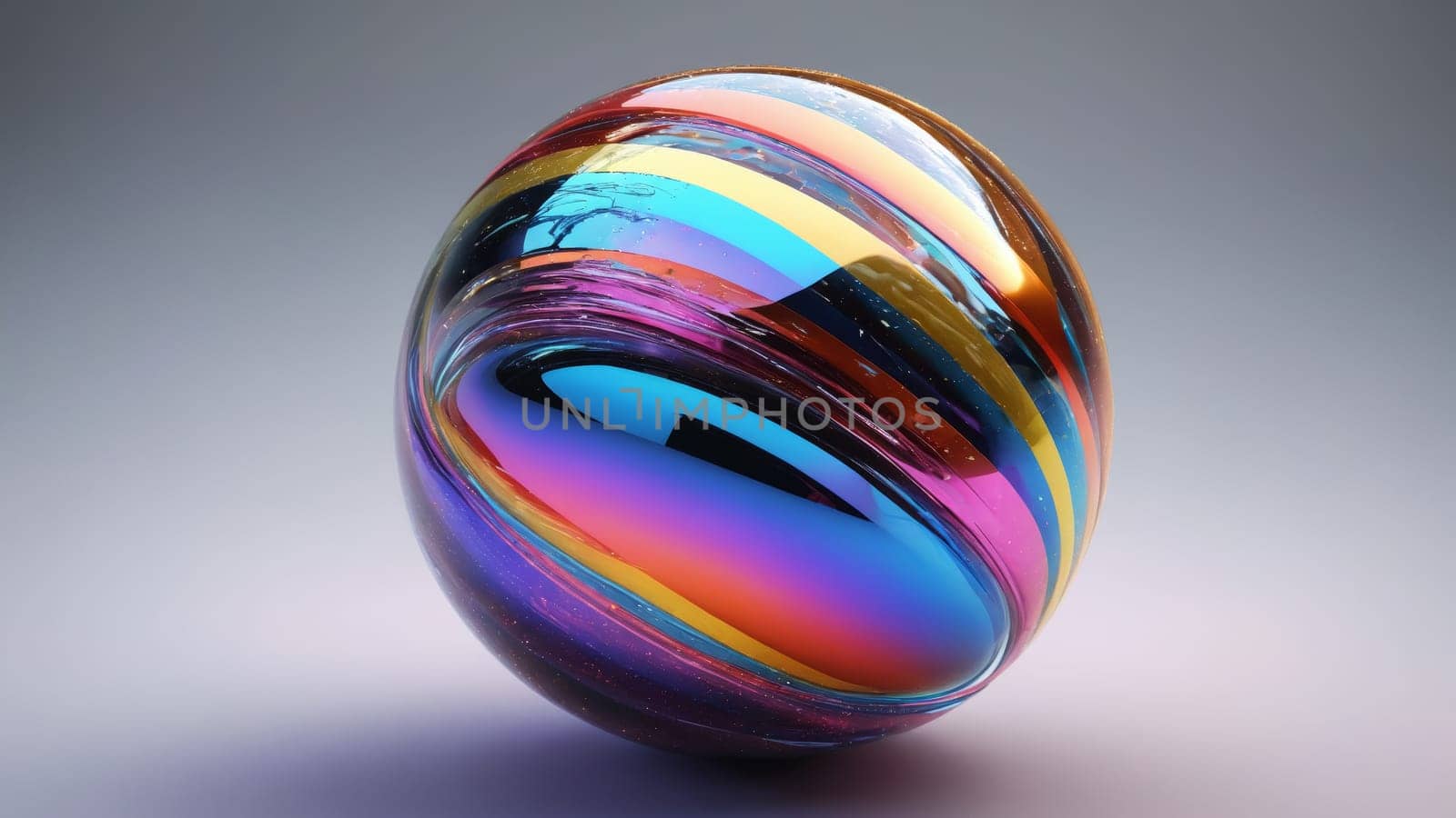 A beautifully crafted sphere reflects a spectrum of vibrant colors, showcasing stunning patterns and curves. The interplay of light creates an enchanting visual effect that captivates viewers.