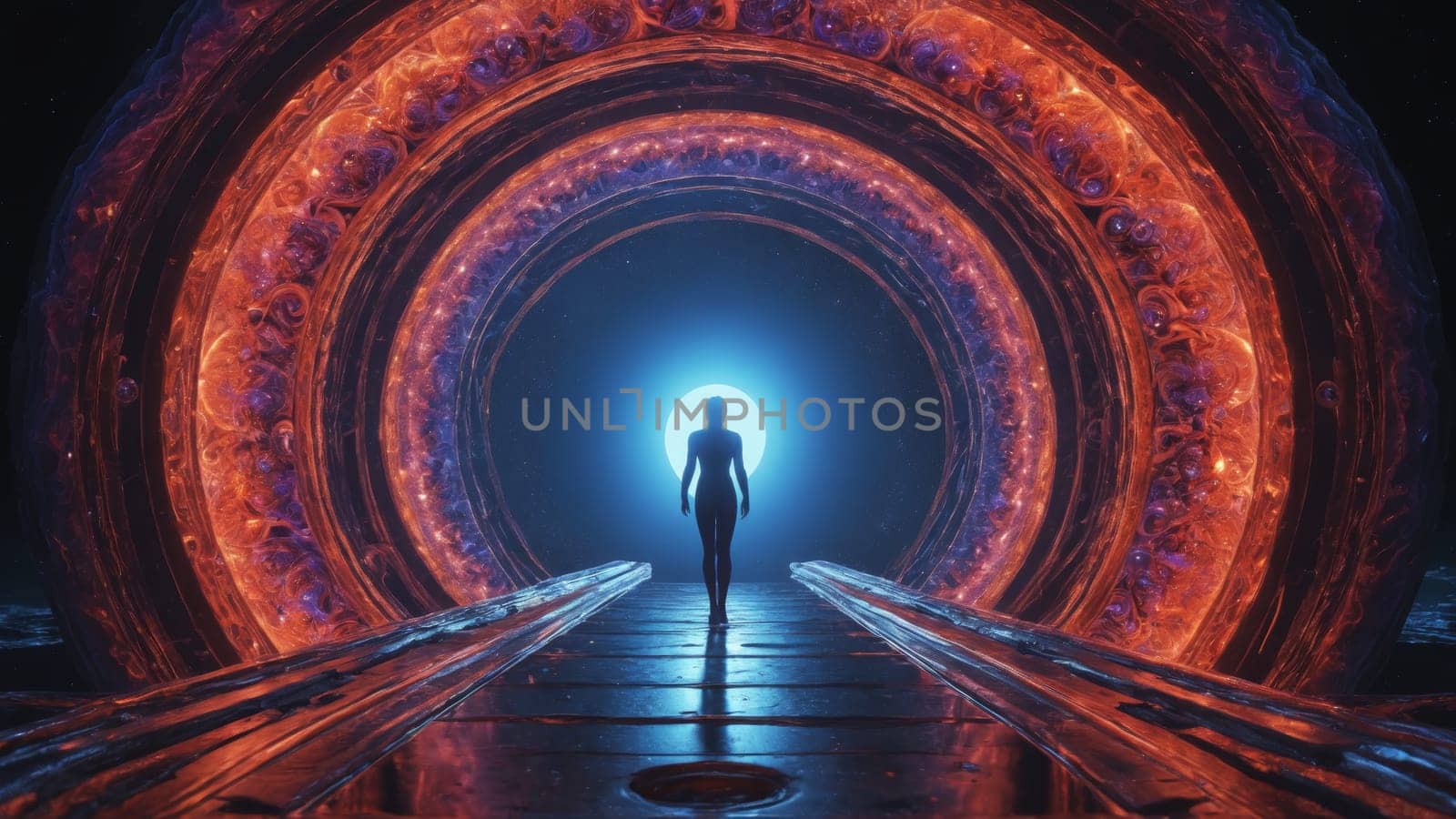 A lone figure stands at the edge of a radiant portal, surrounded by mesmerizing patterns of light and energy. The vivid colors create a sense of wonder and mystery, inviting exploration.