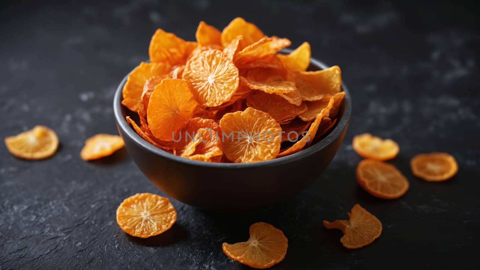A bowl filled with vibrant dried fruit chips sits on a rustic dark surface, with scattered slices surrounding it, showcasing an inviting healthy snack that highlights the beauty of nature's colors.