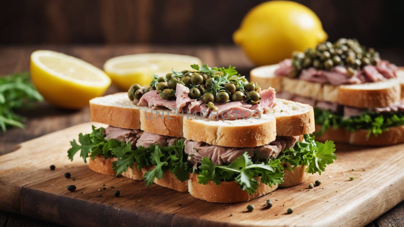 Savory sandwiches crafted with layers of succulent meats and vibrant greens, beautifully garnished with fresh herbs and lemon slices, all arranged on a warm wooden surface.