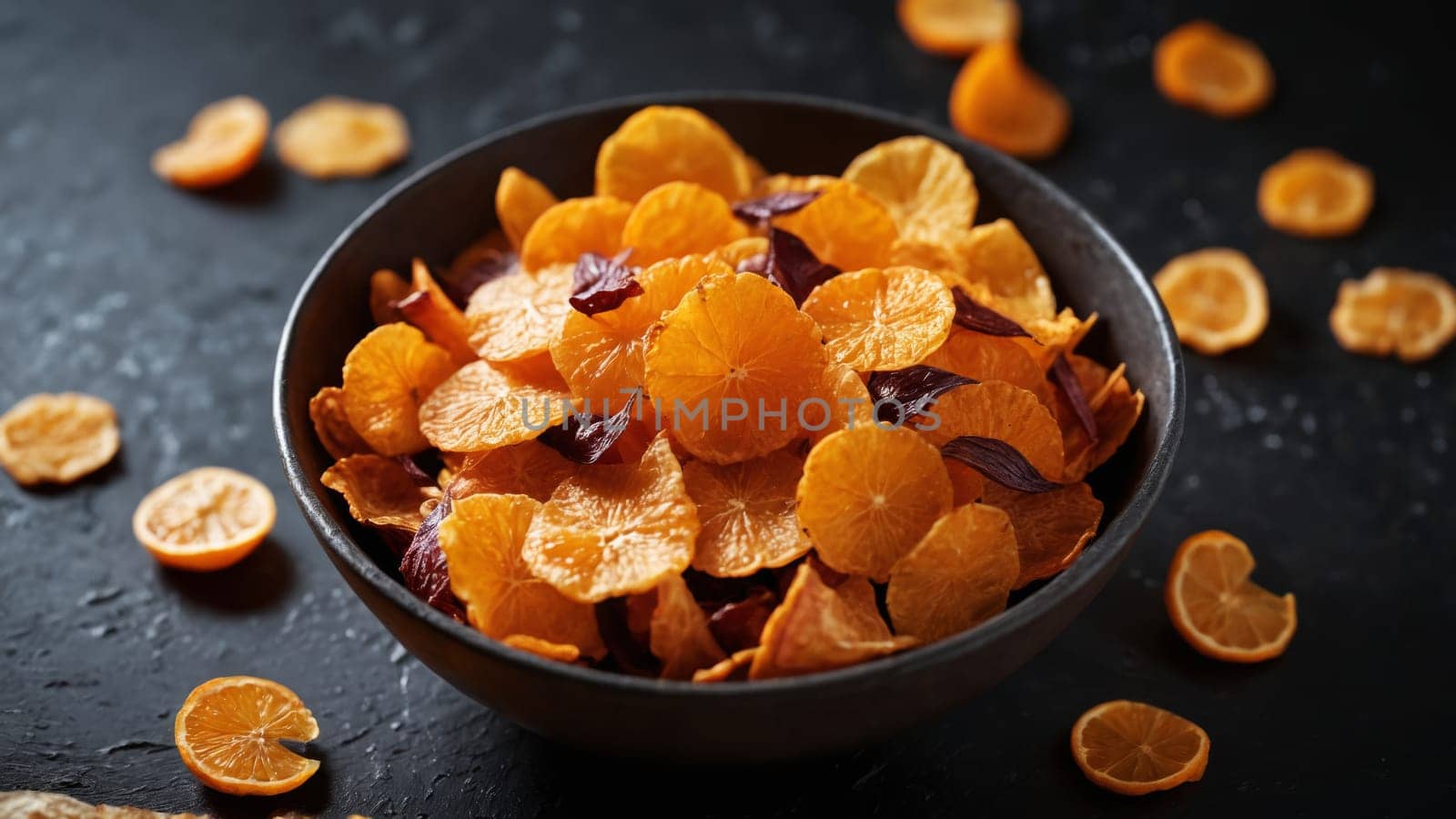 A bowl overflowing with bright, golden-orange crispy snacks catches the light, invitingly displayed on a textured surface. The contrast of colors highlights their crunchy allure.