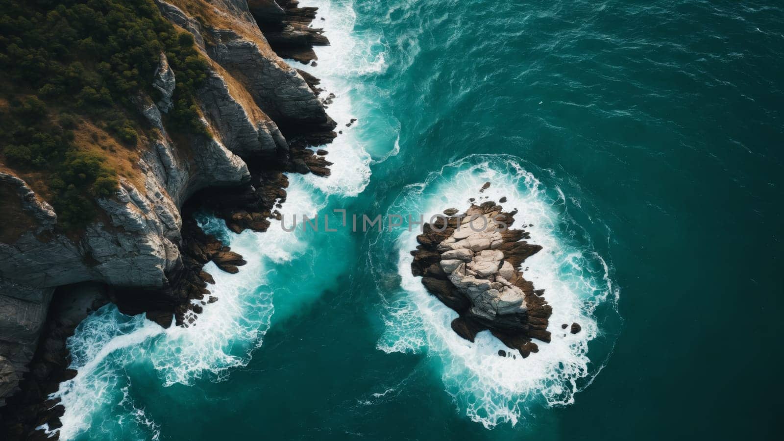 Bright turquoise waters roll gently toward rocky shores, where waves crash rhythmically against cliffs. Sunlight reflects off the ocean, creating a stunning contrast with the greenery above.