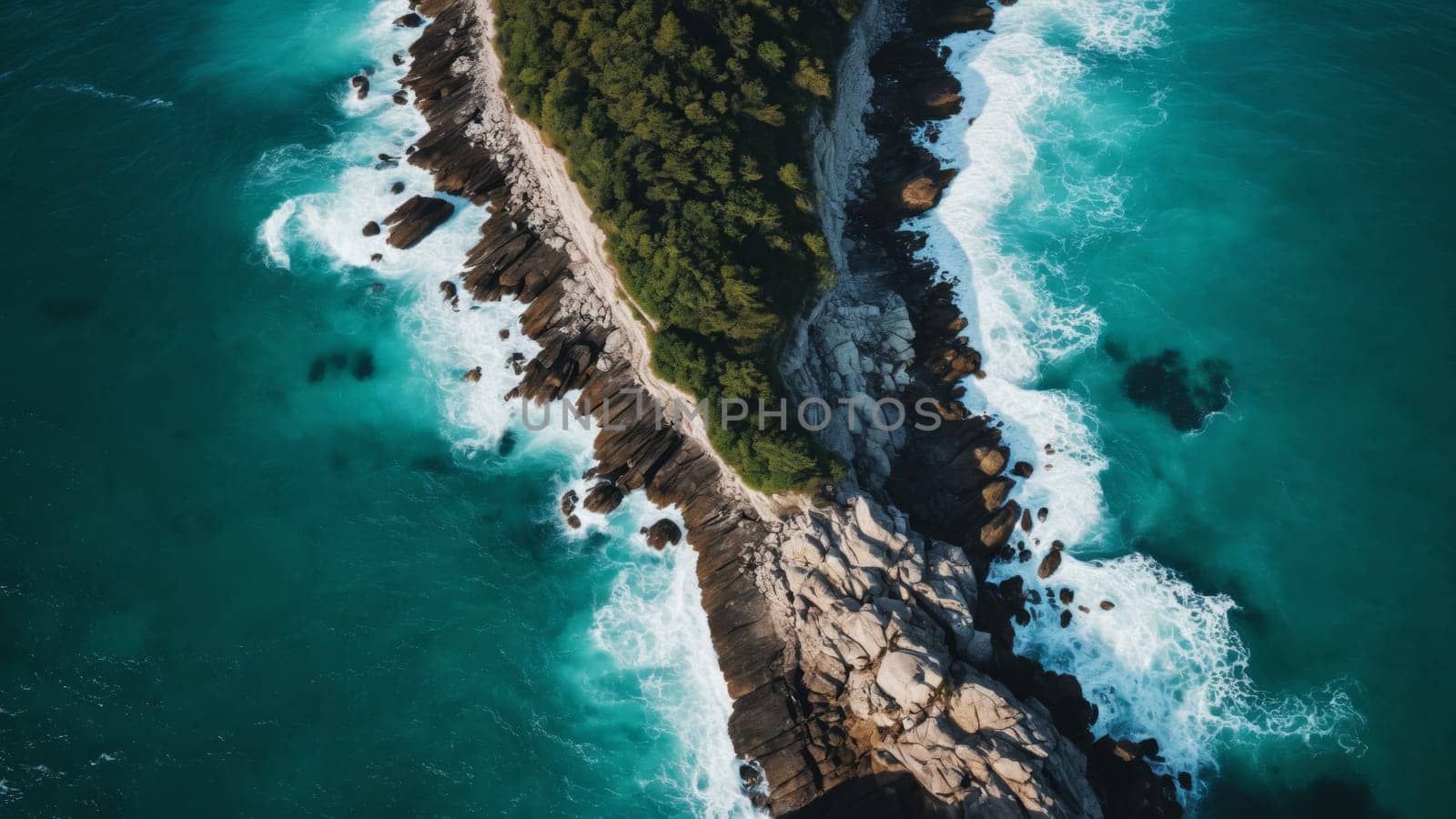 Bright turquoise waters roll gently toward rocky shores, where waves crash rhythmically against cliffs. Sunlight reflects off the ocean, creating a stunning contrast with the greenery above.