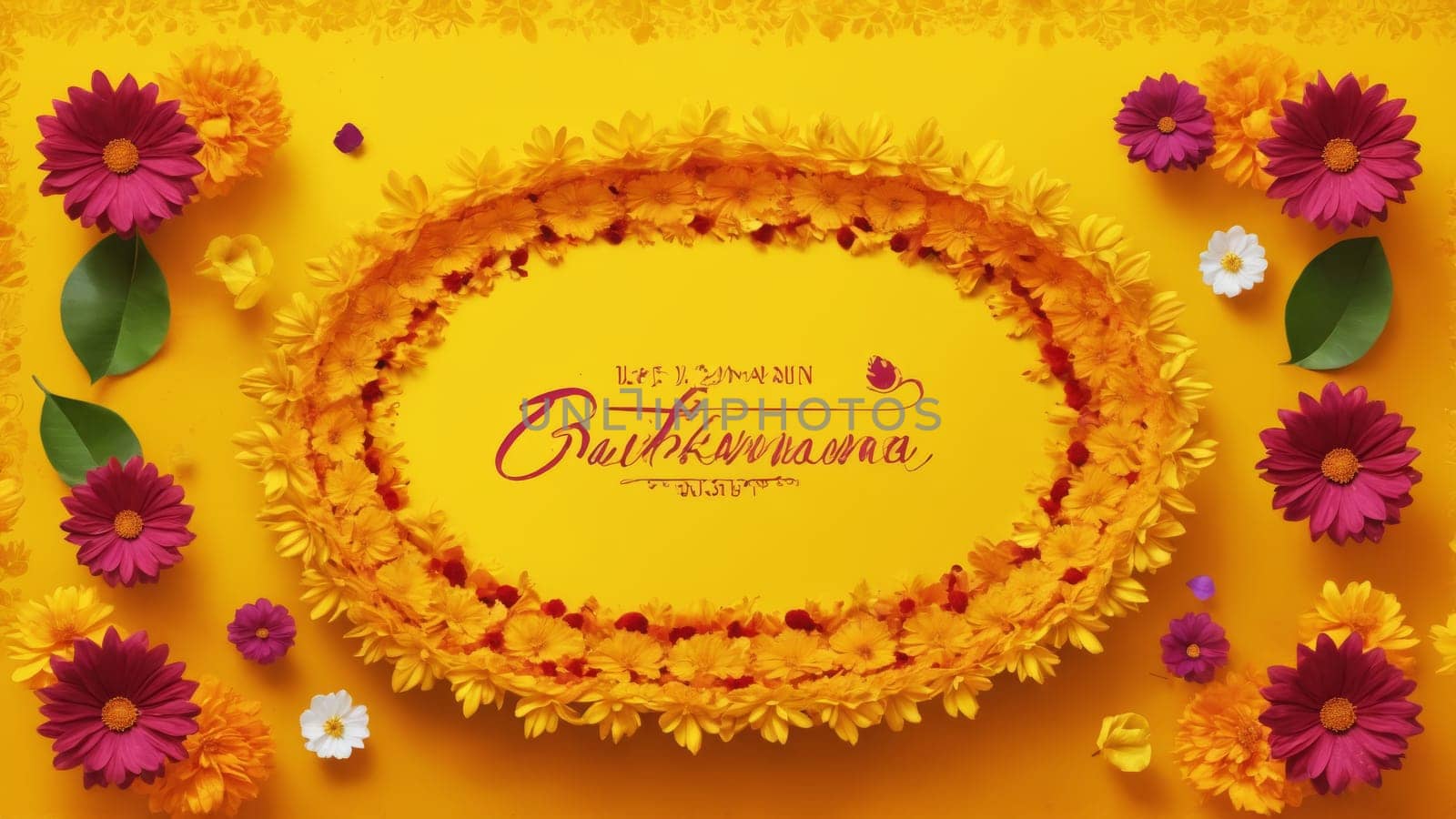 A bright yellow background showcases a beautiful floral design featuring vibrant flowers and heartfelt wishes for Baisakhi. The arrangement radiates joy, unity, and celebration.