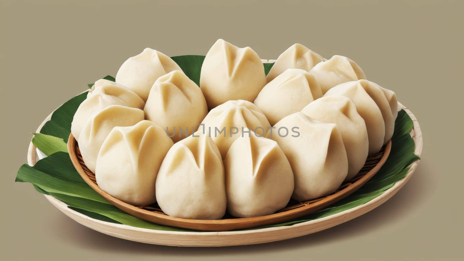 A vibrant boat carries a bounty of dumplings nestled on fresh leaves while villagers engage in cheerful activities along a tranquil river, surrounded by lush greenery and wildlife.