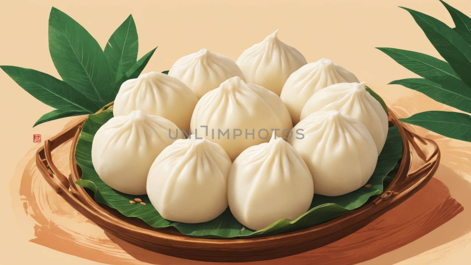 A delightful steamed bun smiles cheerfully, decorated with big eyes and playful features, resting on a bed of green leaves. This whimsical treat showcases culinary artistry.