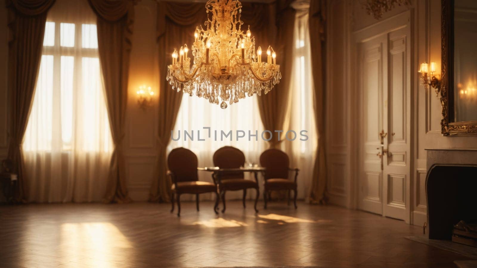 In a beautifully decorated living room, sunlight streams through grand windows, illuminating a plush sofa and ornate chandelier, creating a warm and inviting atmosphere perfect for relaxation.
