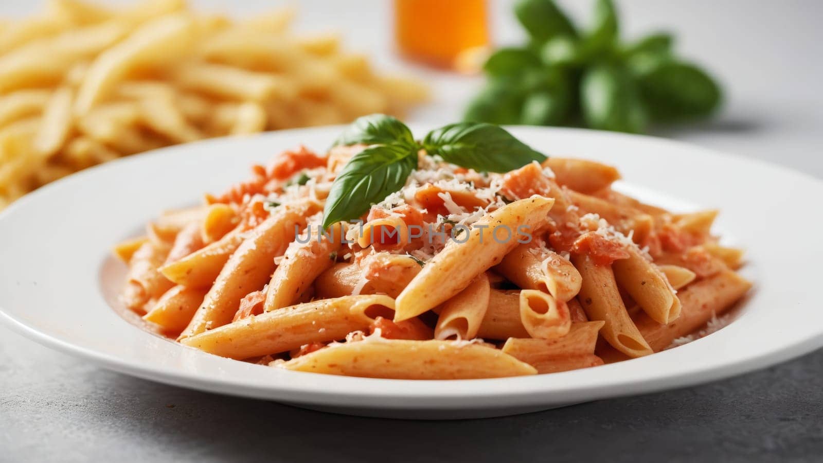A tempting dish of penne pasta coated in creamy tomato sauce, garnished with basil leaves and sprinkled with cheese, sits invitingly on a white plate, ready to be enjoyed.