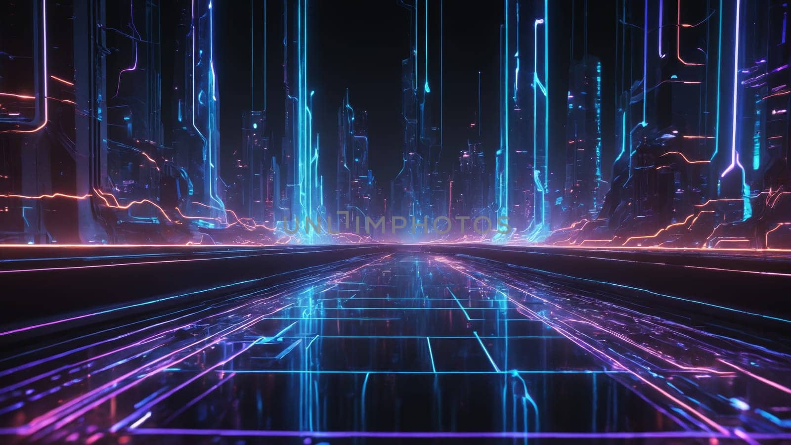 A vibrant city emerges through glowing lines and streams of light, creating an immersive digital landscape teeming with energy. The atmosphere is alive with a blend of technology and artistry.
