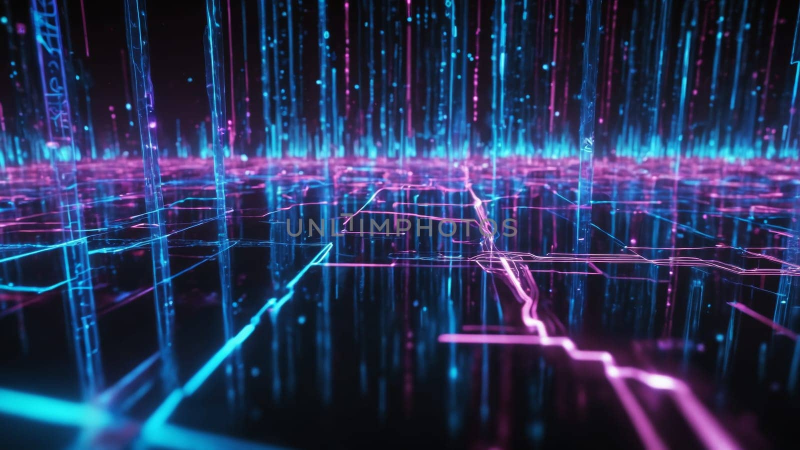 A mesmerizing digital landscape unfurls with radiant blue and pink lines, mimicking a city grid illuminated in a futuristic night ambiance, conveying a sense of advanced technology and innovation.