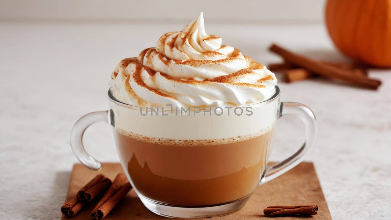 Delicious lattes sit elegantly in glass mugs, crowned with fluffy whipped cream and a dusting of spices. A festive pumpkin rests nearby, capturing the essence of fall.