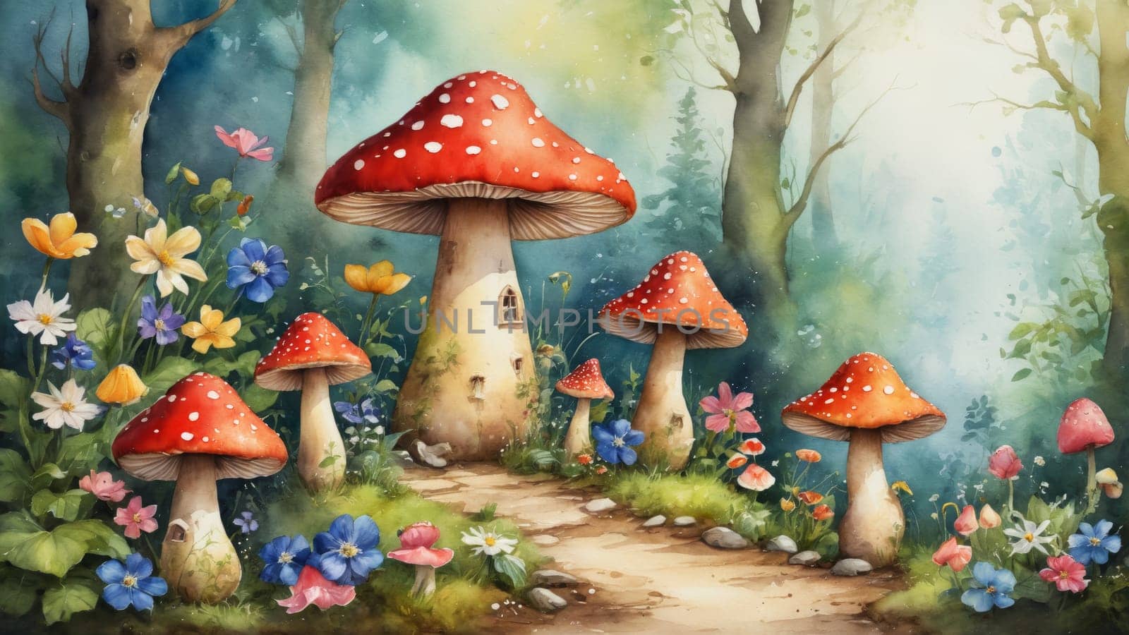A whimsical forest clearing comes alive with colorful mushrooms topped in red, surrounded by blooming flowers and fluttering butterflies, inviting a sense of tranquility and wonder.