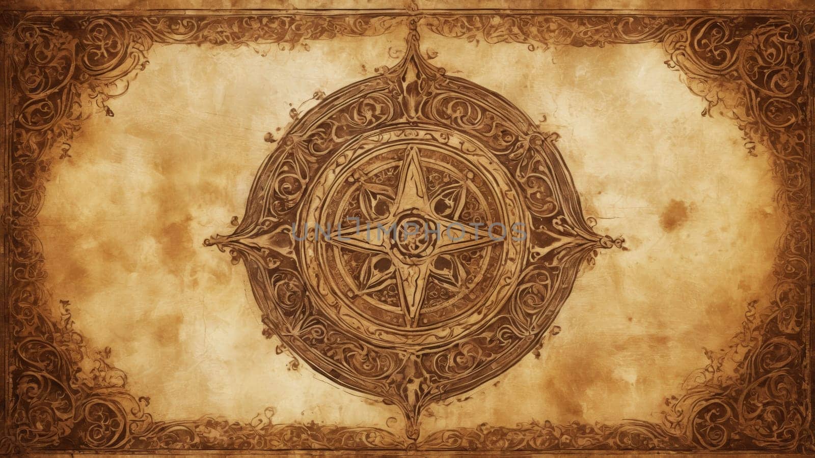 The intricate compass rose center stands out against the aged parchment, surrounded by elaborate borders, inspiring thoughts of nautical journeys and ancient maps filled with mysteries.