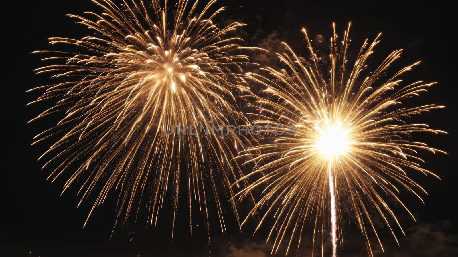 Spectacular golden fireworks explode dynamically against the dark sky, illuminating the night and enchanting the crowd during a festive occasion.