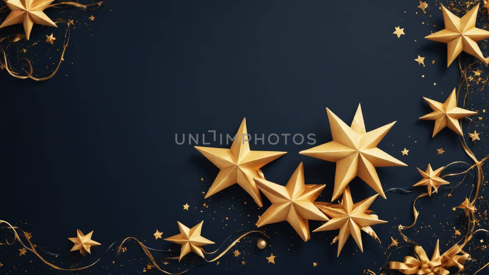 Golden stars, varying in size, shimmer against a deep navy backdrop, inviting a sense of wonder and elegance for festive occasions.