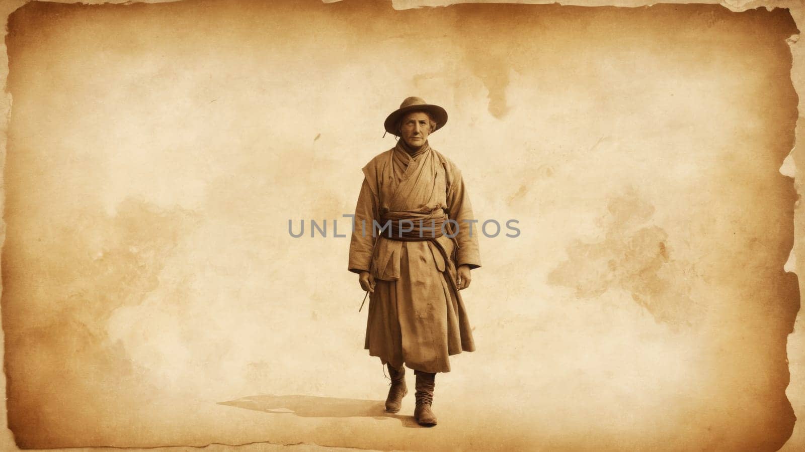 A lone figure dressed in traditional clothing strides confidently through a timeless landscape as dusk settles. The atmosphere evokes a sense of history and introspection.