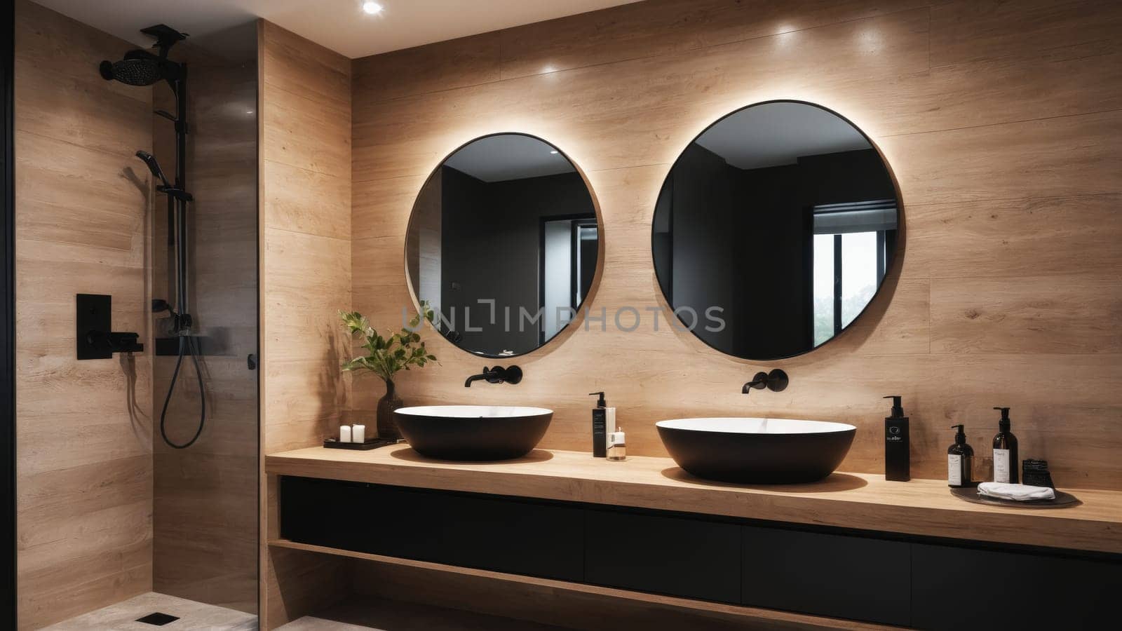 A stylish bathroom showcases two round mirrors above sleek basins, complemented by natural wood accents and contemporary fixtures, creating a tranquil and inviting space for relaxation.