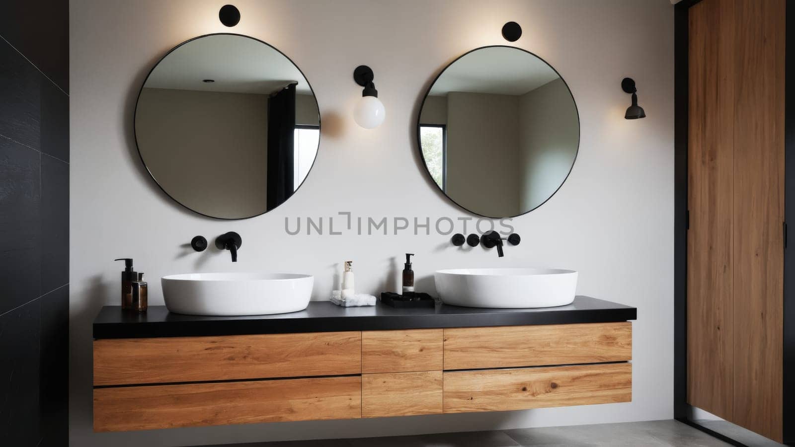 This stylish bathroom showcases a contemporary design with dual round mirrors above elegant vessel sinks atop a sleek wooden vanity, highlighting a blend of modern and natural aesthetics.