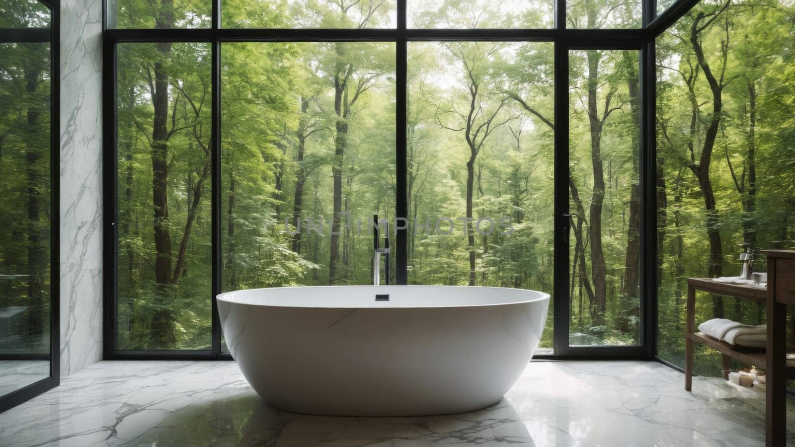 A luxurious bathroom features a sleek freestanding tub nestled against expansive glass walls, offering breathtaking views of a vibrant forest. Nature and comfort harmonize beautifully.