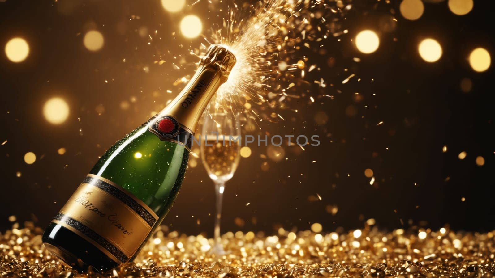 A bottle of champagne bursts open, sending sparkling droplets into the air, while a flute glistens beside it, creating a joyous atmosphere filled with golden celebration.