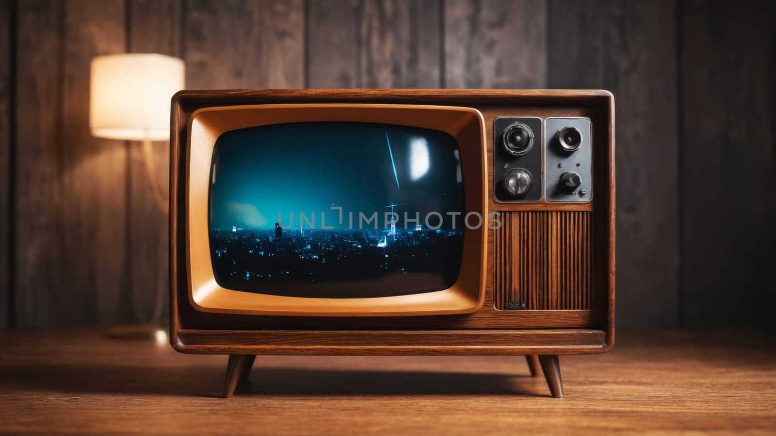 A classic wooden television set illuminates a vibrant city skyline at night, highlighted by a cozy lamp nearby that creates an inviting ambiance in the room.