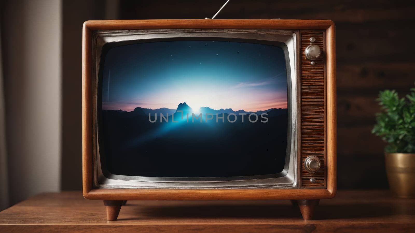 An old-fashioned wooden television sits on a table, showcasing a breathtaking view of a sunset over mountains. The vibrant colors illuminate the darkening sky in an artistic blend.
