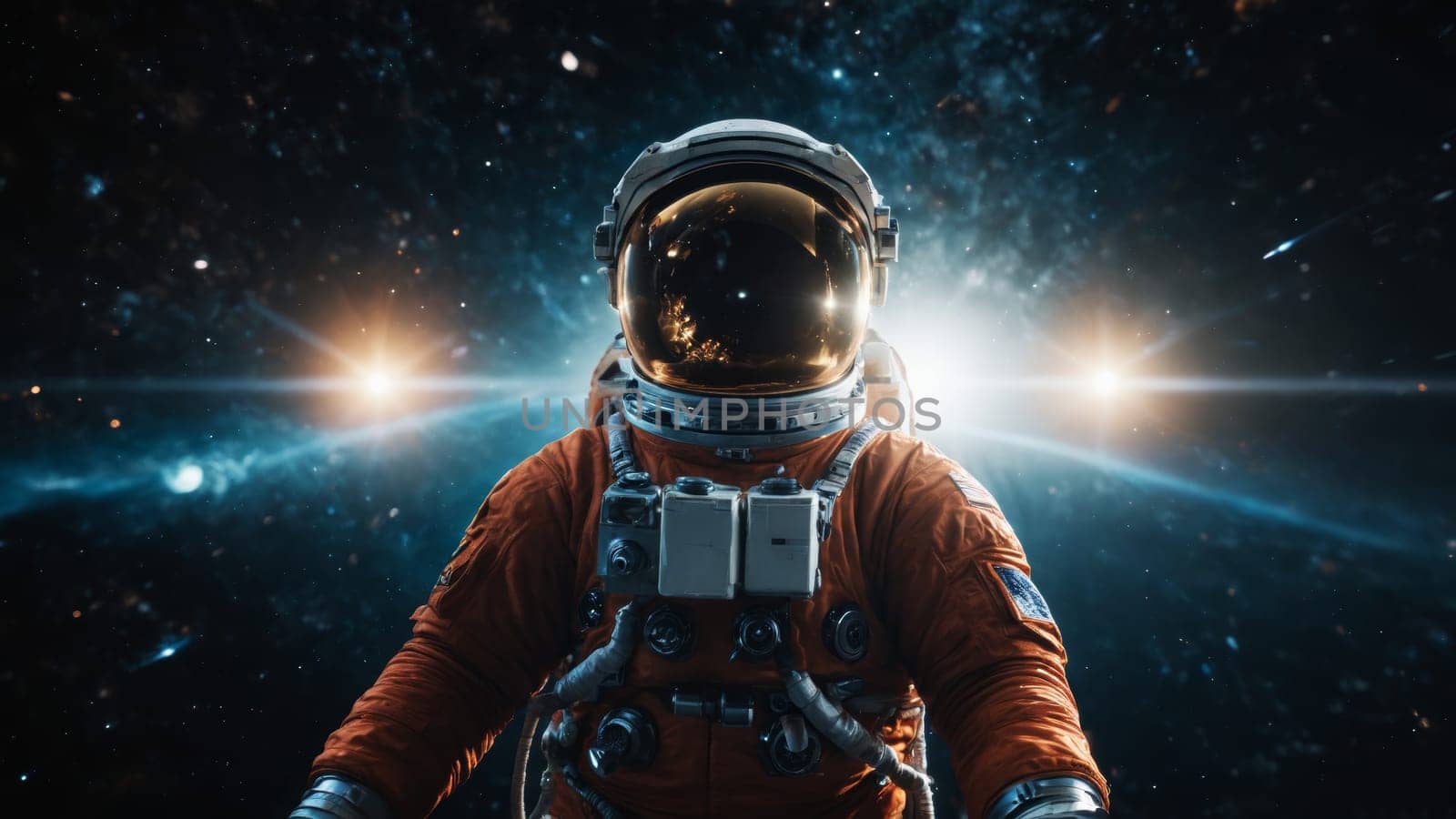 A lone astronaut, clad in an orange space suit, floats weightlessly in the depths of space, surrounded by glowing stars and a mesmerizing cosmic backdrop that captures the essence of exploration.