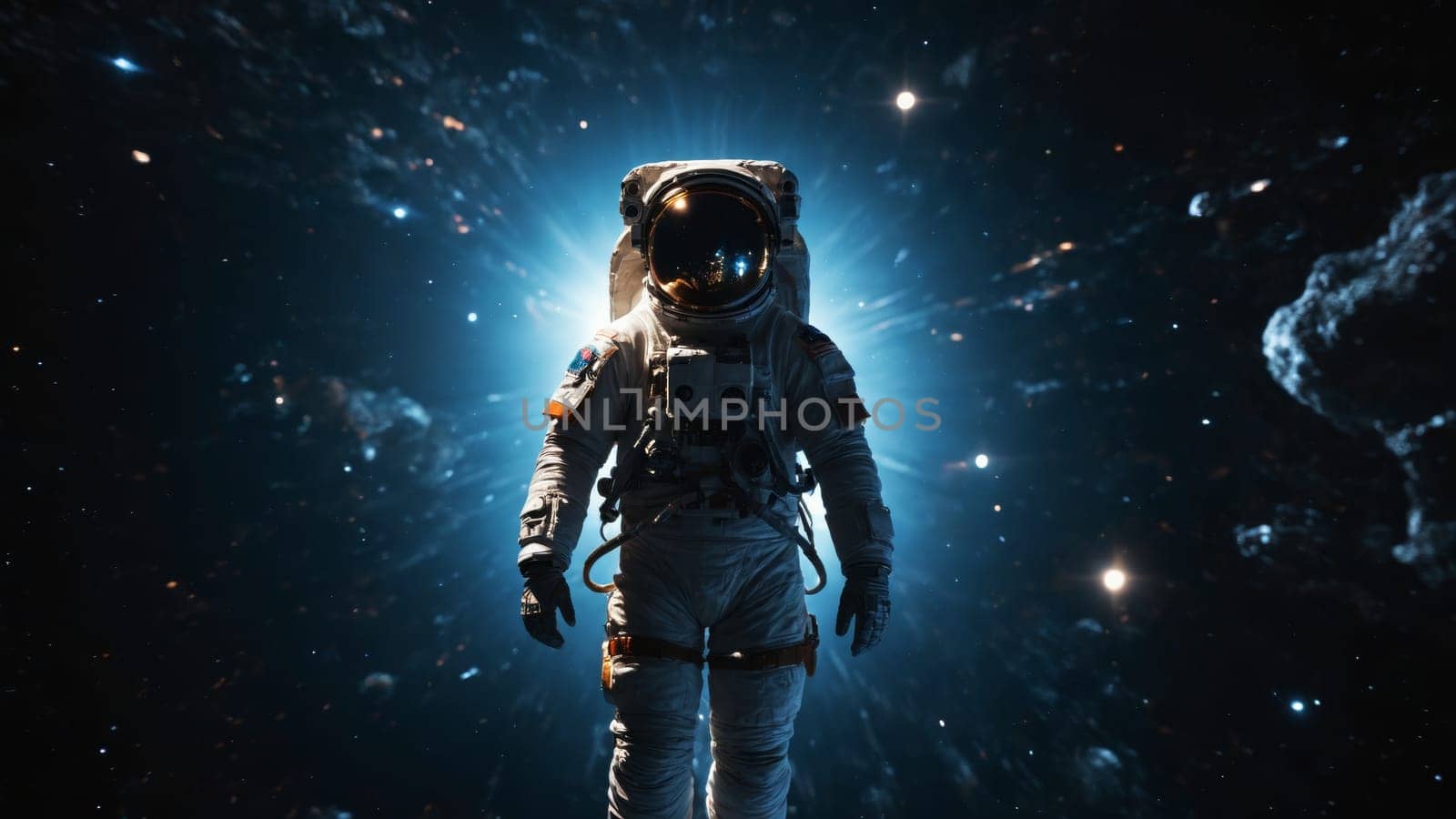 An astronaut drifts in the endless depths of space, surrounded by brilliant stars and cosmic dust. The ethereal glow highlights the scene, showcasing the breathtaking beauty of the universe.