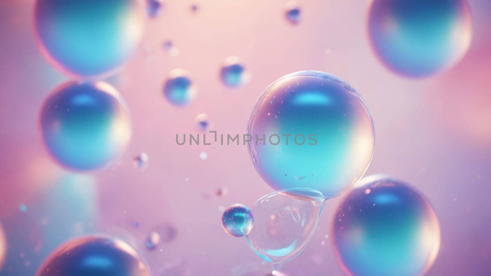 A multitude of iridescent bubbles gently float through a soft, pastel background, reflecting and refracting light in a mesmerizing display of colors, creating a sense of tranquility and wonder.