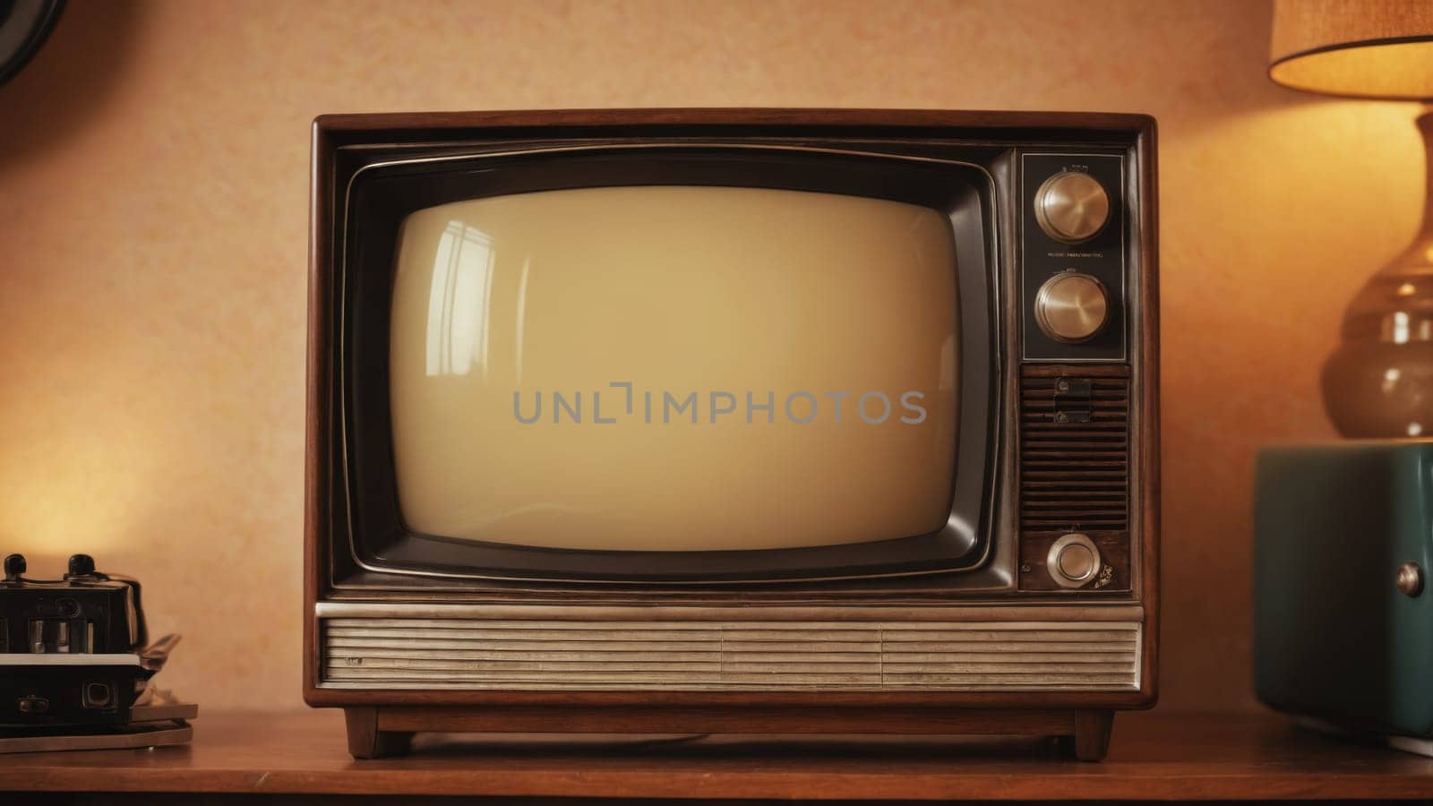 An inviting living room showcases a classic vintage television with a blank screen, radiating warmth from a nearby lamp, evoking nostalgia during the evening hours of relaxation.