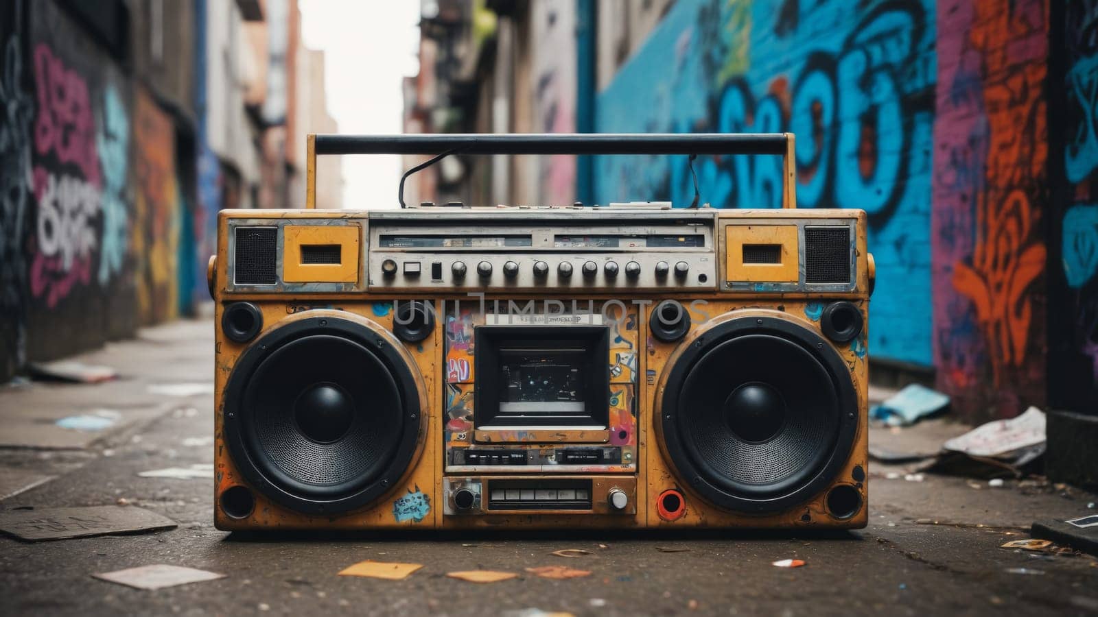 The retro boombox, adorned with graffiti and bright yellow speakers, rests on the pavement, surrounded by vibrant street art that reflects the spirit of the neighborhood.