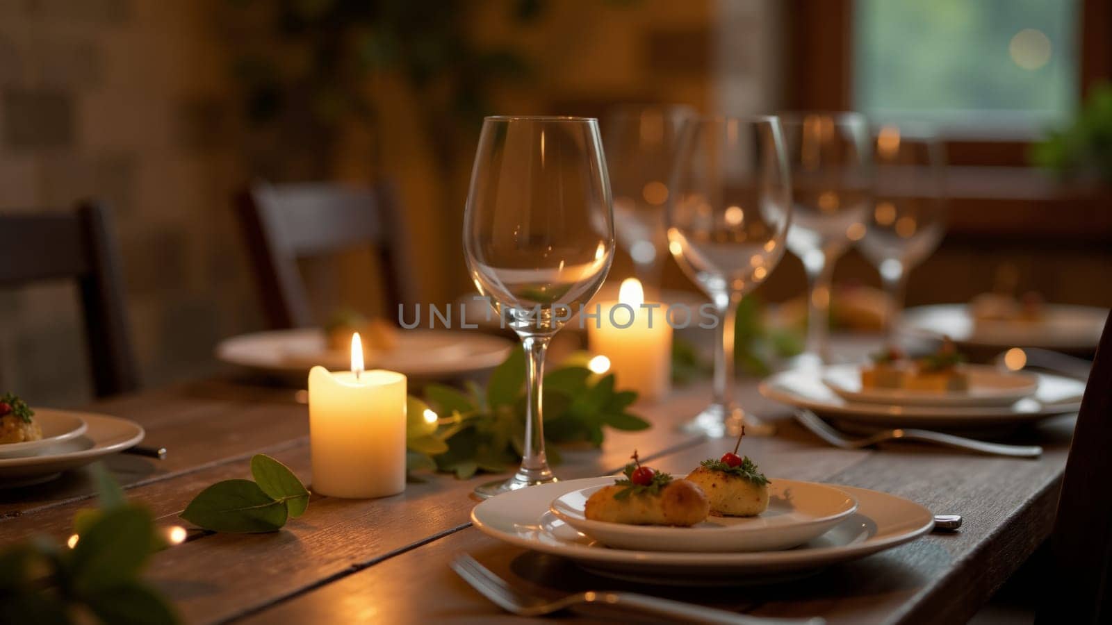 A charming dinner table awaits with flickering candles, fine glassware, and beautifully arranged plates, creating an inviting ambiance for an intimate gathering in a warm, rustic setting.