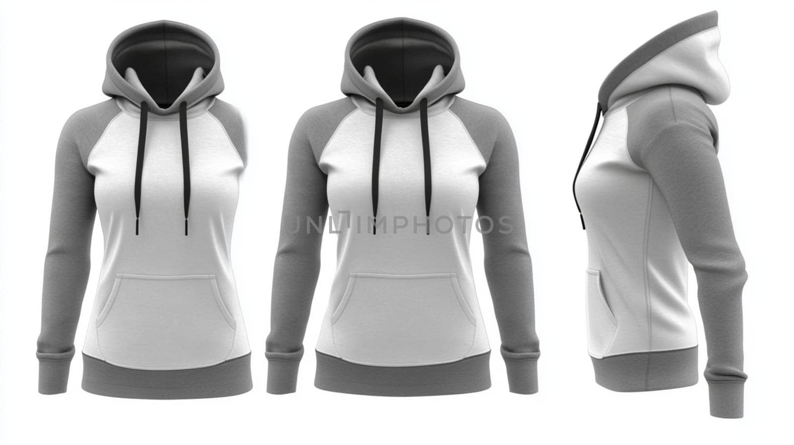Four views of a female mannequin wearing a blank white hoodie, perfect for showcasing your apparel designs. The mannequin has her hair tied up in two buns