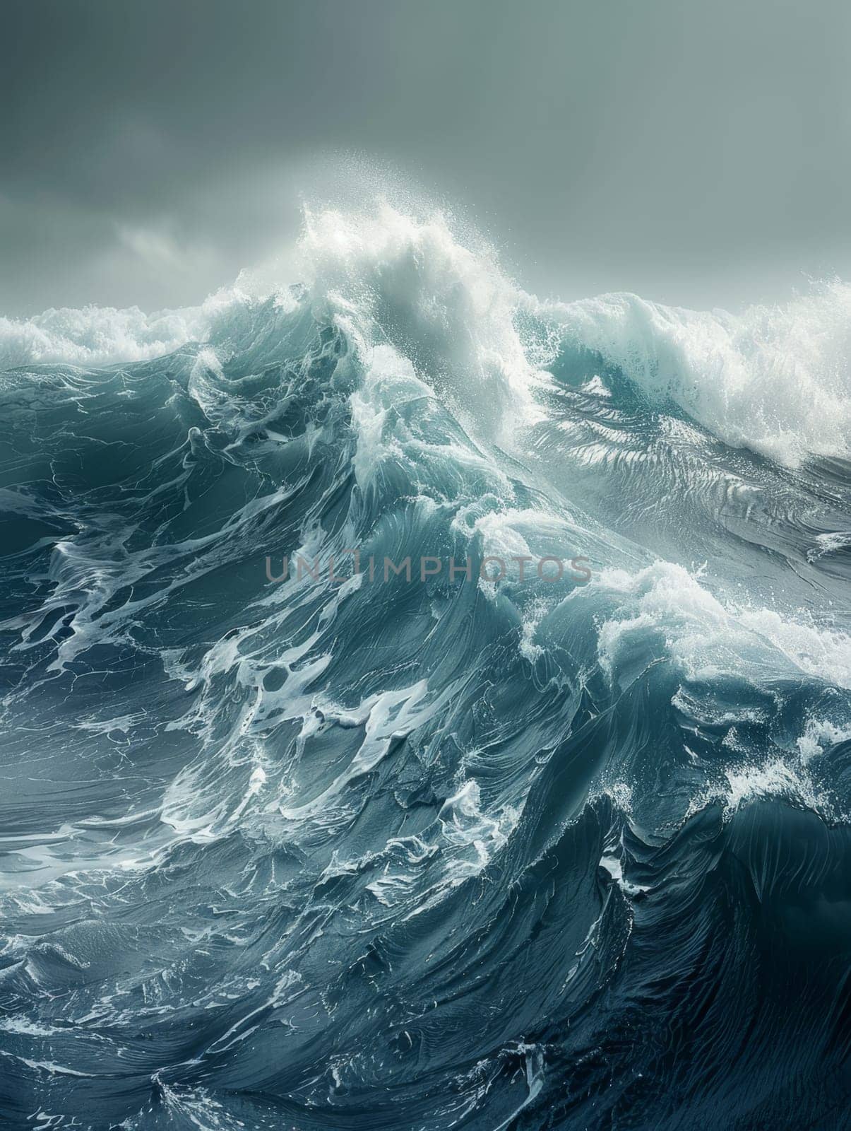 The dramatic dance of turbulent ocean waves captured under the dark, brooding canvas of a stormy sky