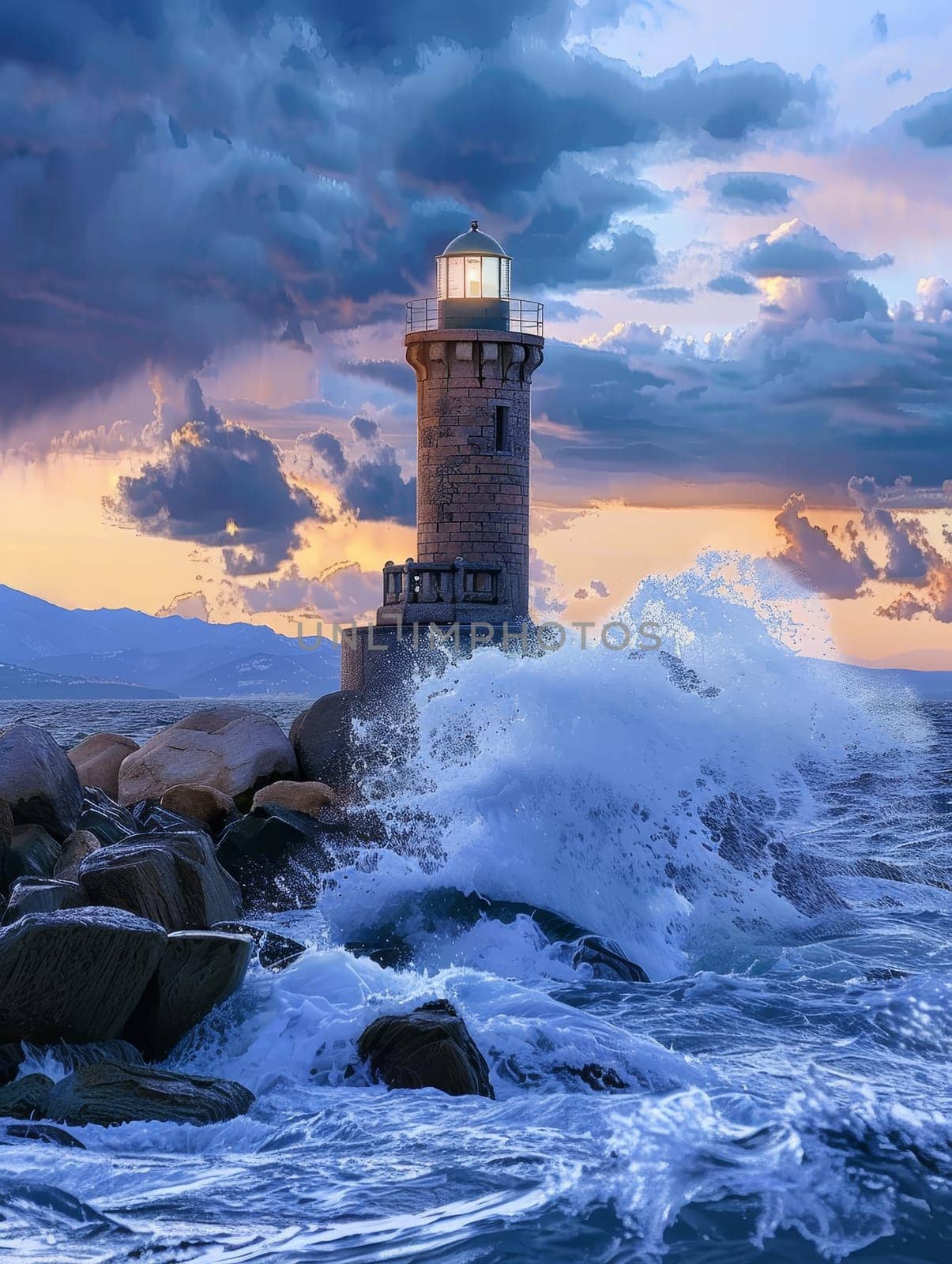 In the embrace of a stormy sky, the lighthouse stands as a nautical beacon, its light piercing through the tumult of surging waves.