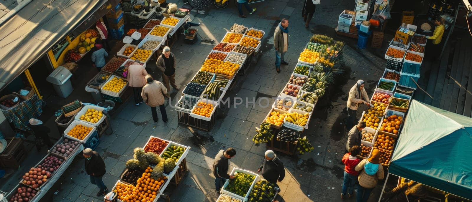 The hustle of an urban market is vivid in this high-angle photo, featuring people amidst stalls of colorful fruits and vegetables